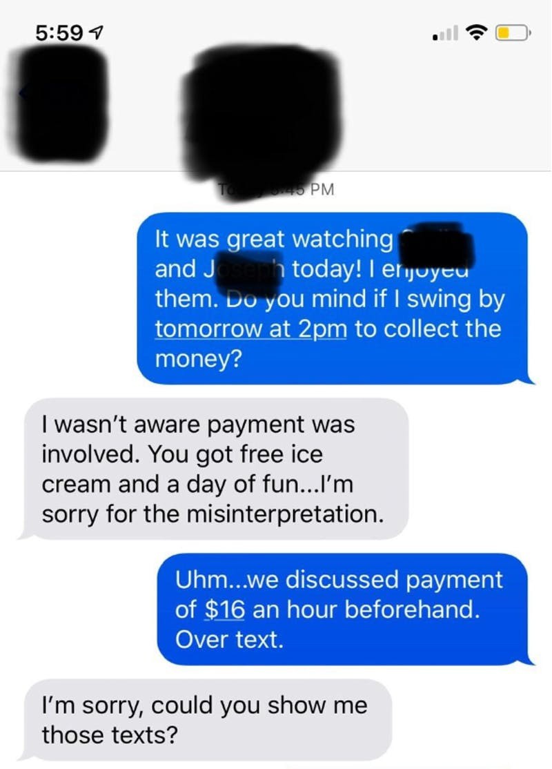 A screenshot of the conversation between the children's mother and the babysitter.