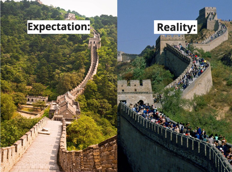The Great Wall of China is swarming with tourists.